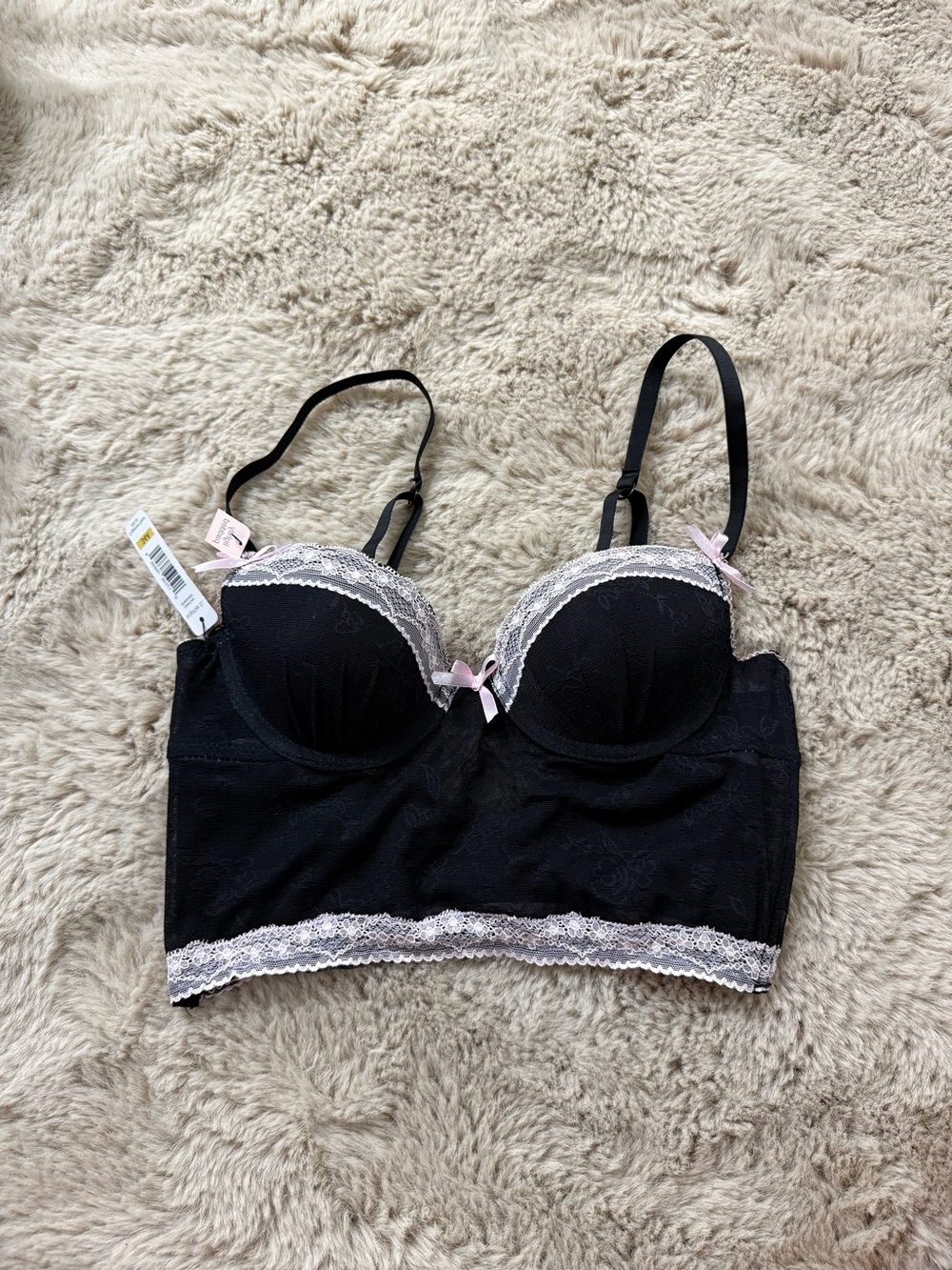 Black Lace Longline Bustier Bra with Pink Trim